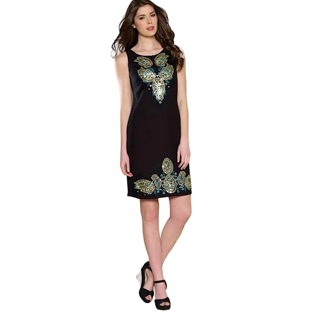 Monsoon dress shift cocktail black embroidered mirrored women’s size 4